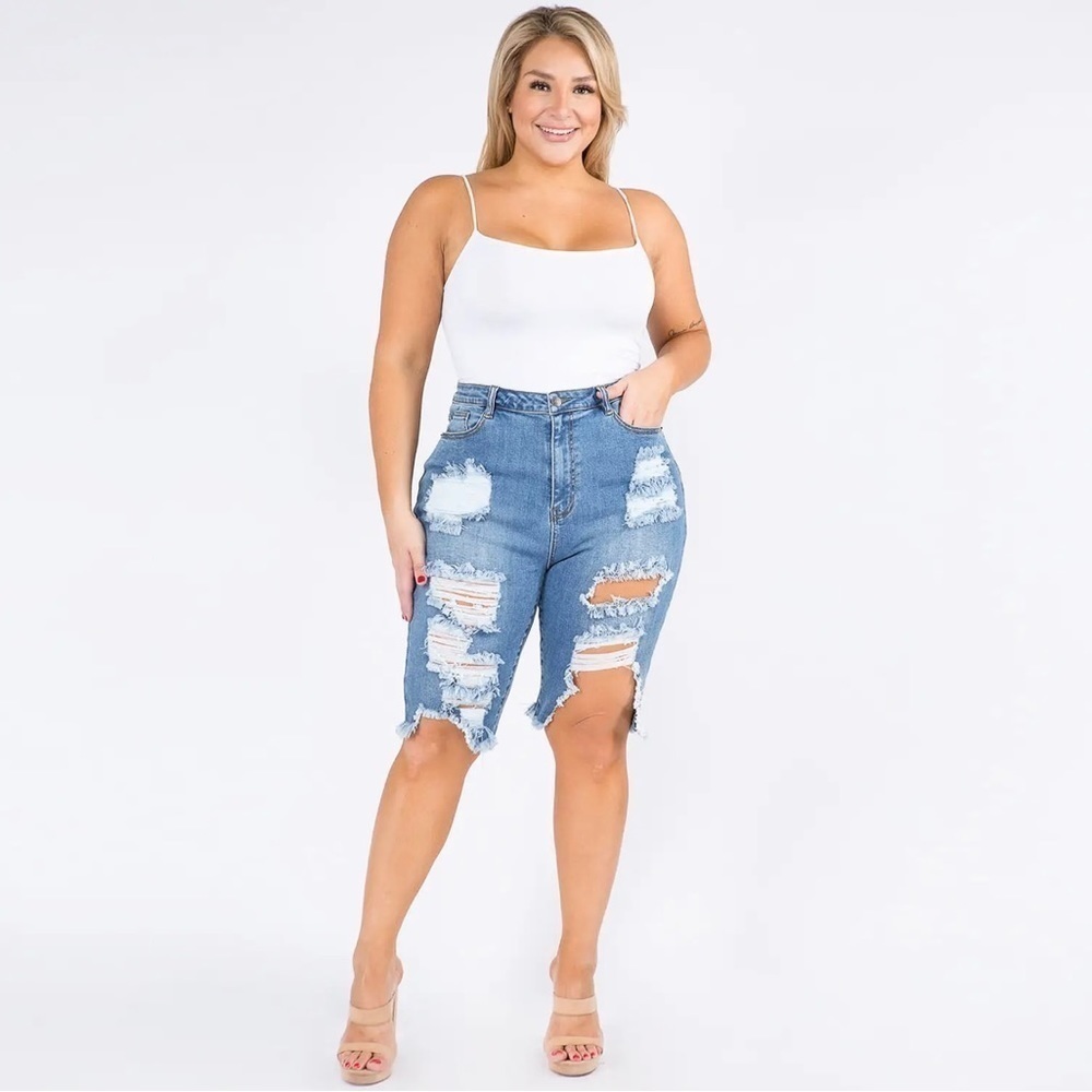 LIGHT blue Distressed Denim Bermuda Shorts